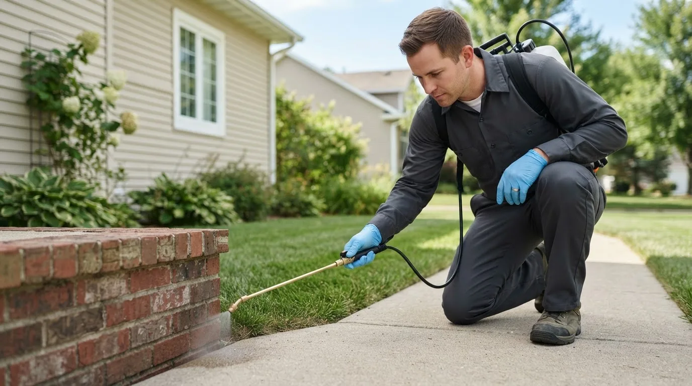 Pest control technician treating a home near West Oneonta, NY